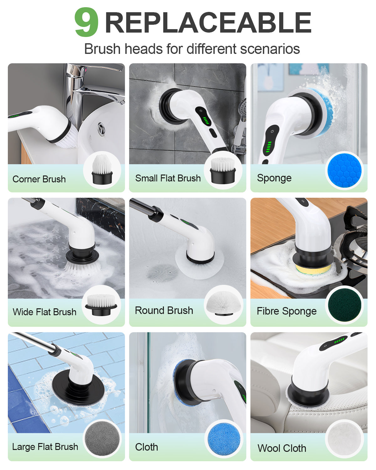 Electric Spin Scrubber with 7 Heads 2H Power Dual Speed,White
