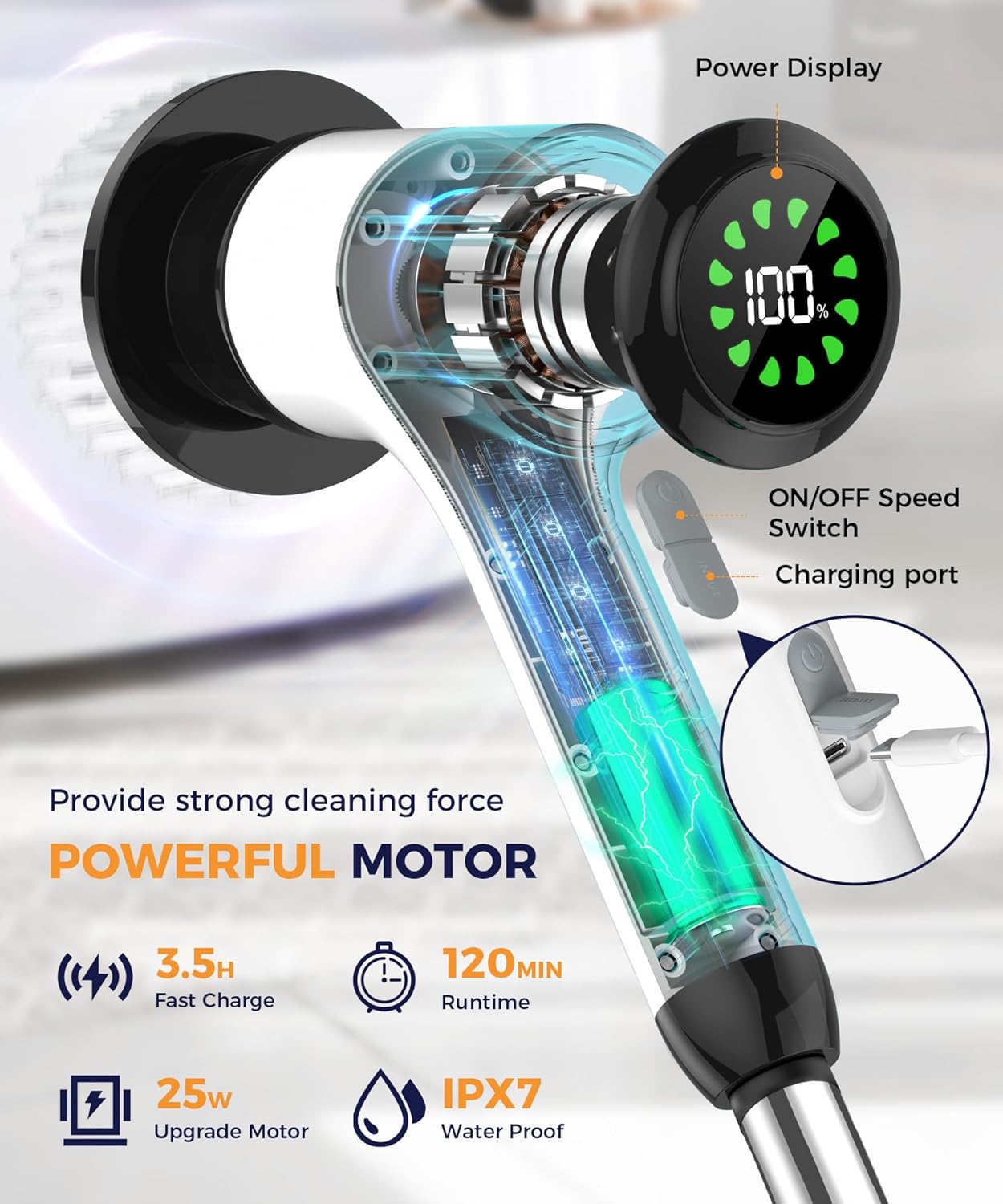 Electric Spin Scrubber with 7 Brush Heads, White-o2