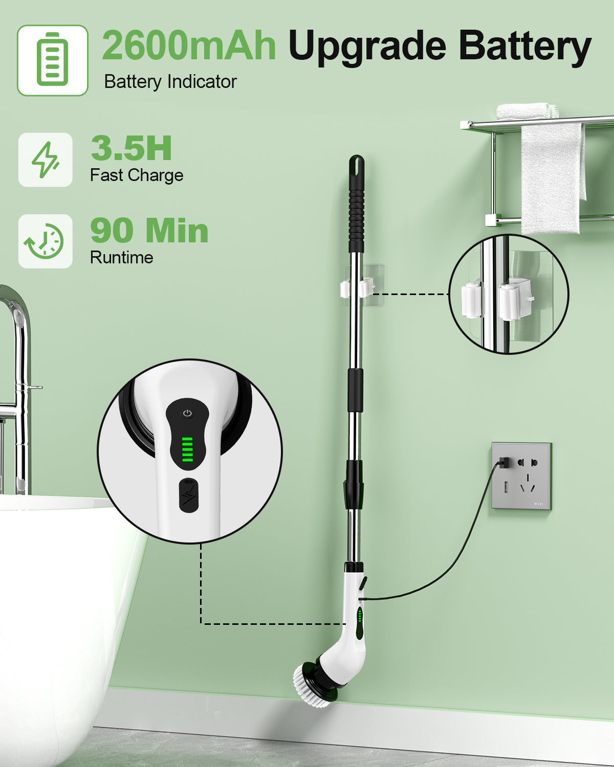 Electric Spin Scrubber with 7 Heads 2H Power Dual Speed,White