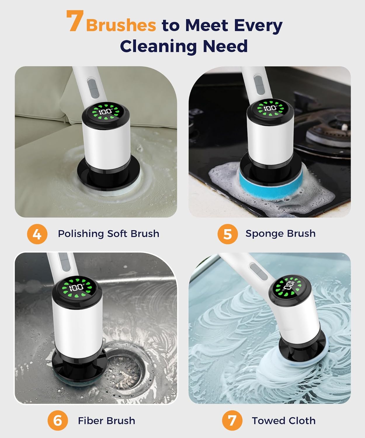 Electric Spin Scrubber with 7 Brush Heads, White-o2