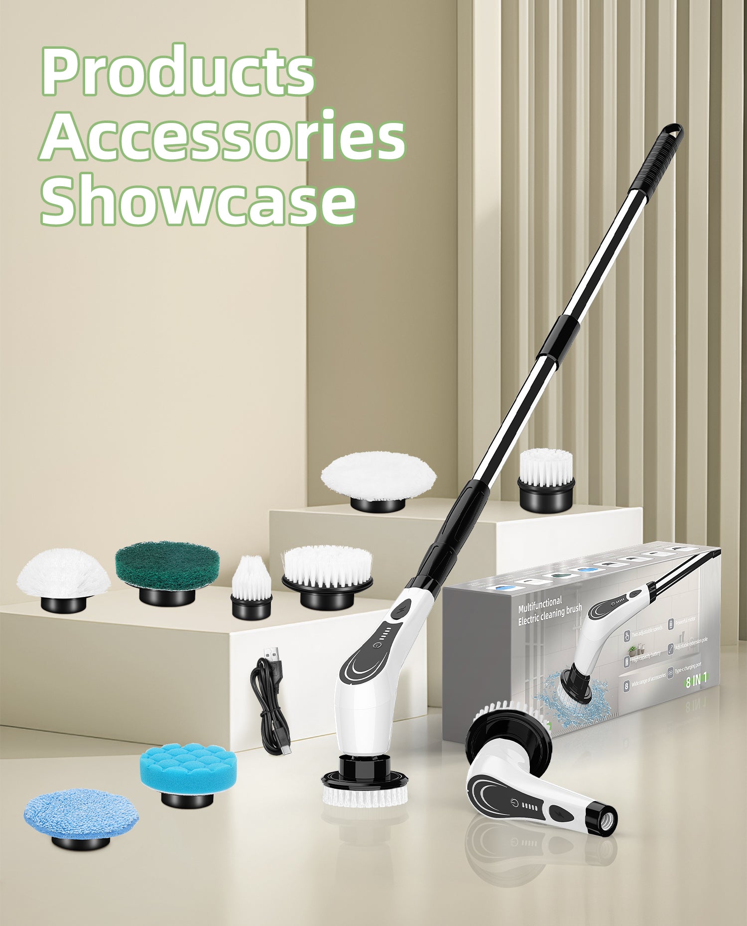 Electric Spin Scrubber with 8 Brush Heads, White-rx1