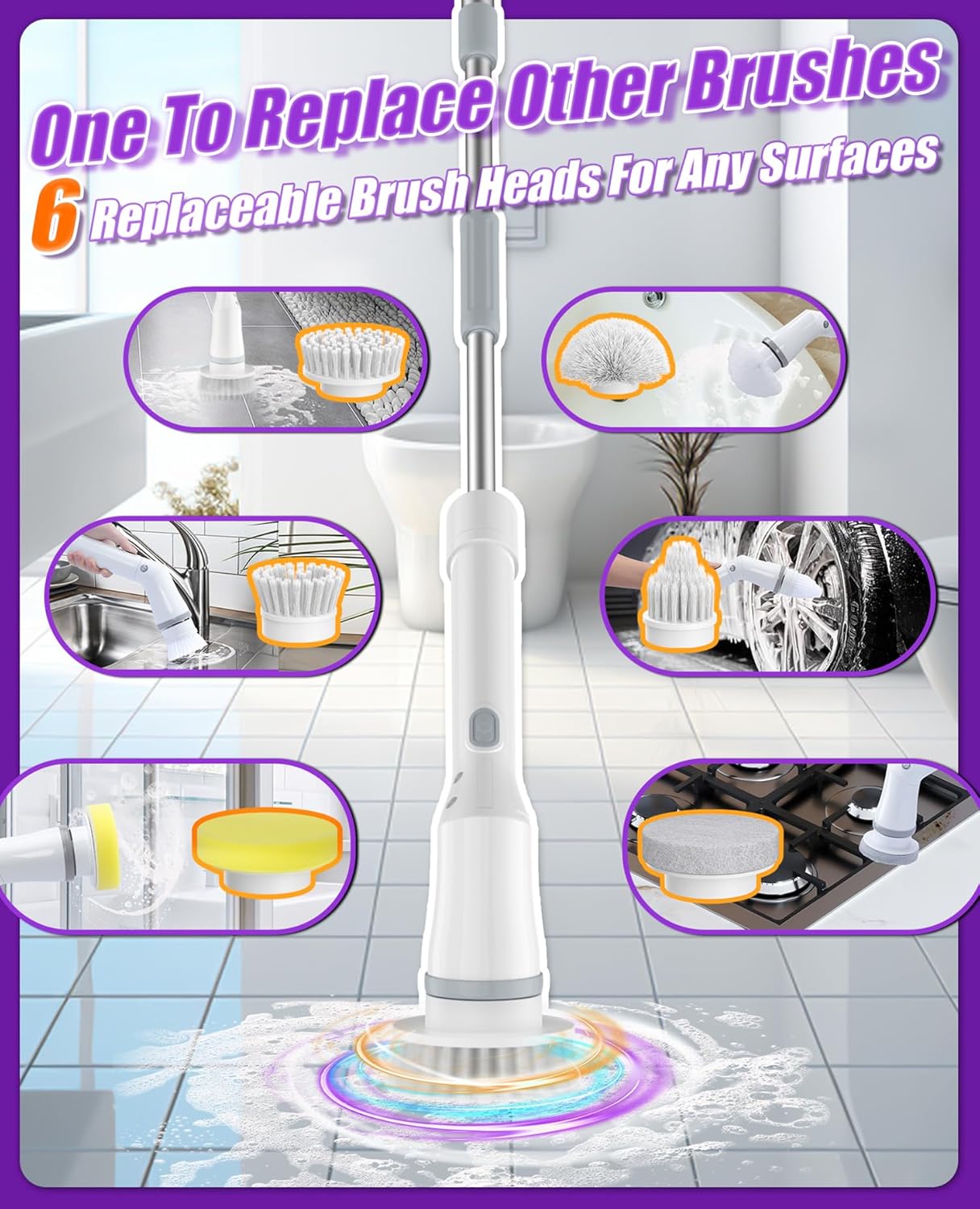 Electric Spin Scrubber with 6 Brush Heads,White